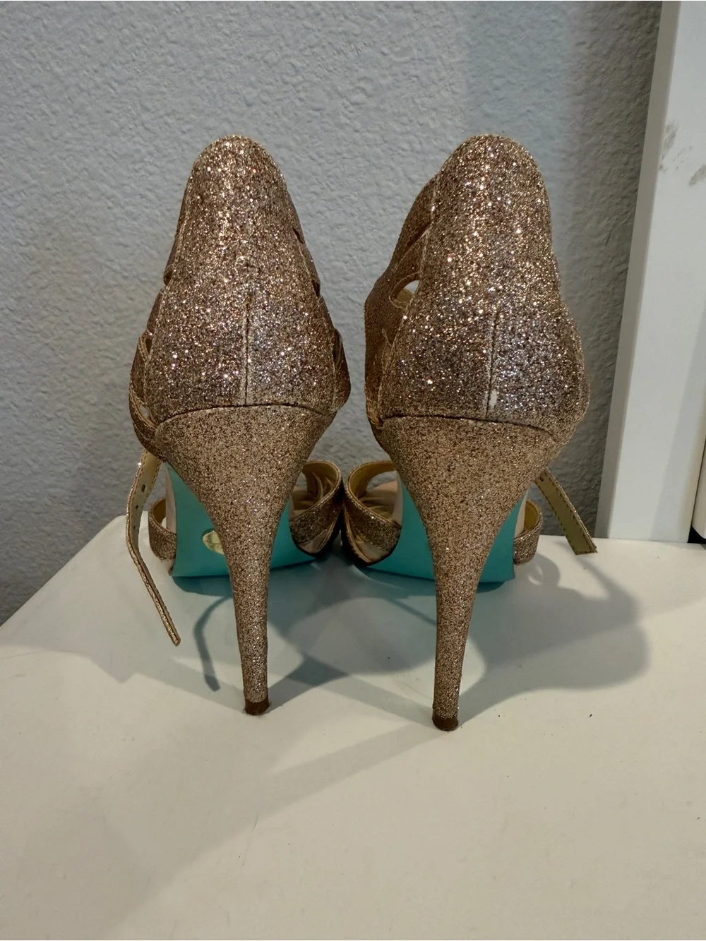 Betsey Johnson Rose Gold Glitter Strappy Heels